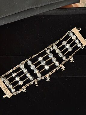 Chanel SILVER CC Charm and Rhinestone Articulating Cuff Bracelet